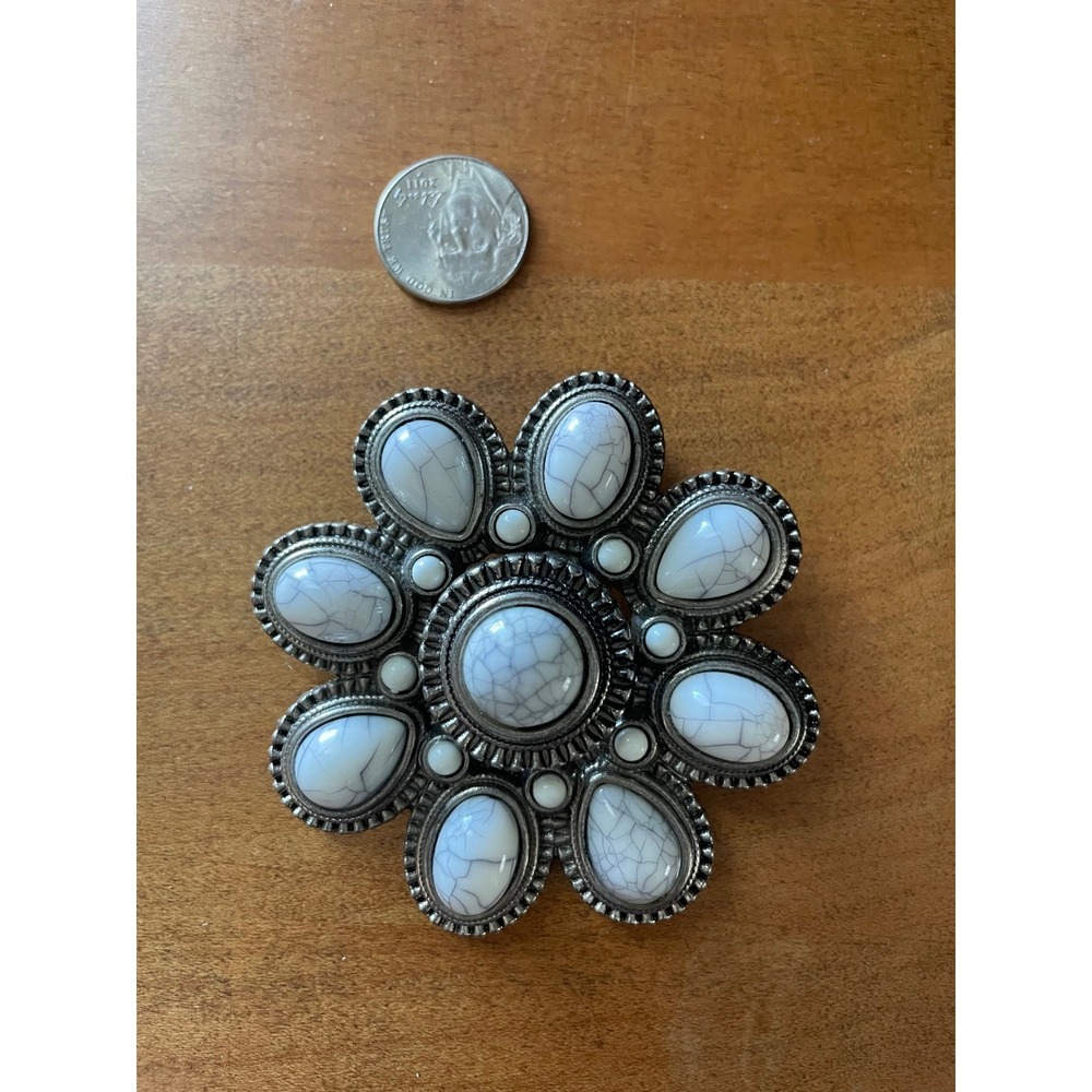 Vintage Premier Designs Silver Tone White Faux Turquoise Flower Brooch Pendant